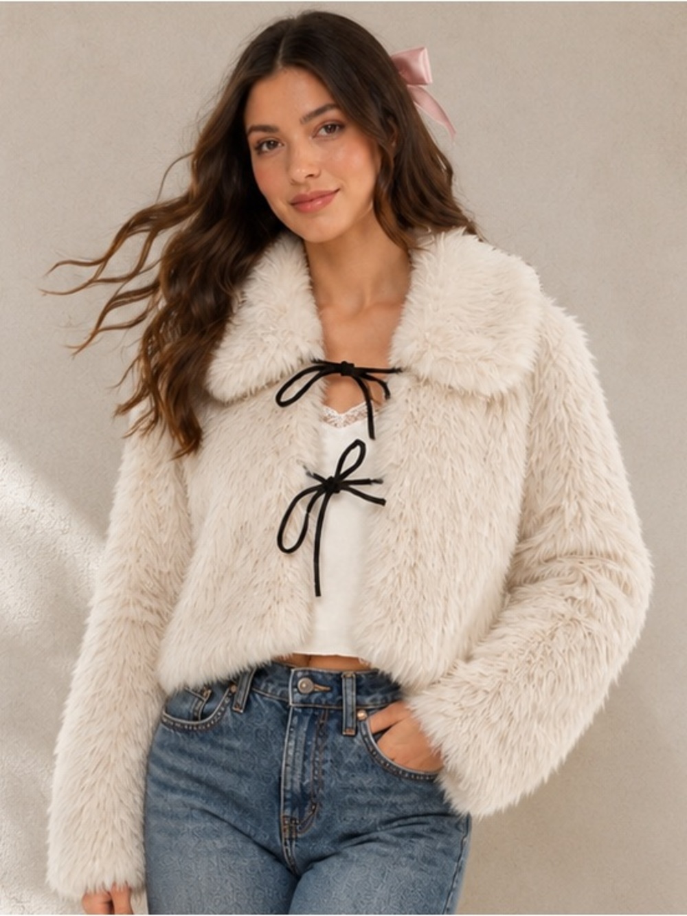 Altar'd State Elodie Tie Front Fur Jacket Cream Size S New